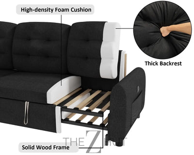 Ucloveria Sectional Sofa Couch, 87" Sleeper Sofa Bed with Reversible Storage Chaise Pull Out Couch for Living Room | Side Pocket | Charging Station | Removable Backrest | Linen Fabric, Black THE Z HUT