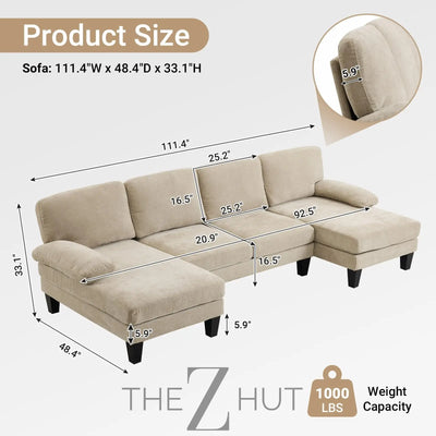 VINGLI 110" Sectional Couches for Living Room,U Shaped Couch with Double Chaise, 4-Seat Sofa Set with Chenille Fabric for Home Furniture,Beige THE Z HUT