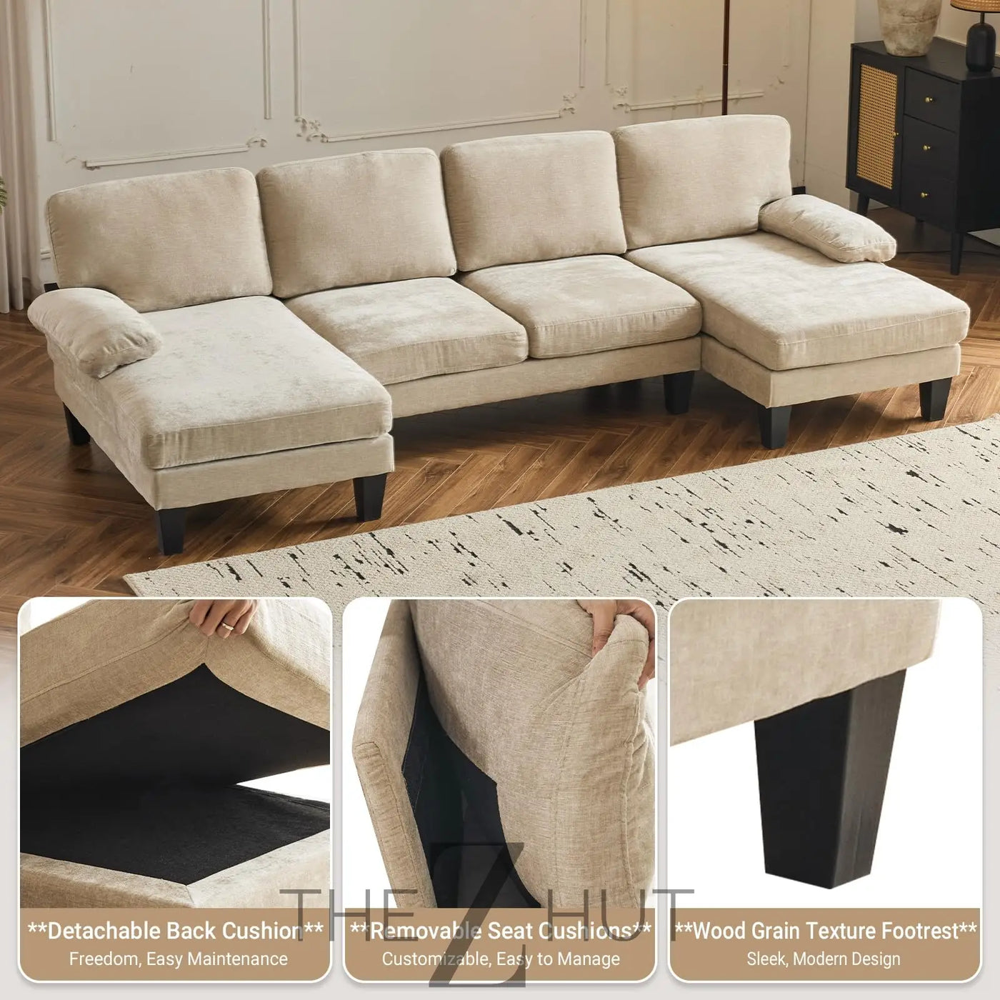 VINGLI 110" Sectional Couches for Living Room,U Shaped Couch with Double Chaise, 4-Seat Sofa Set with Chenille Fabric for Home Furniture,Beige THE Z HUT
