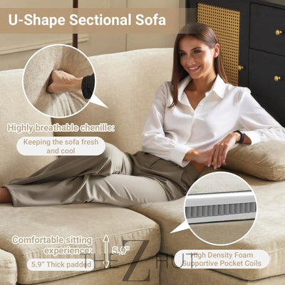 VINGLI 110" Sectional Couches for Living Room,U Shaped Couch with Double Chaise, 4-Seat Sofa Set with Chenille Fabric for Home Furniture,Beige THE Z HUT