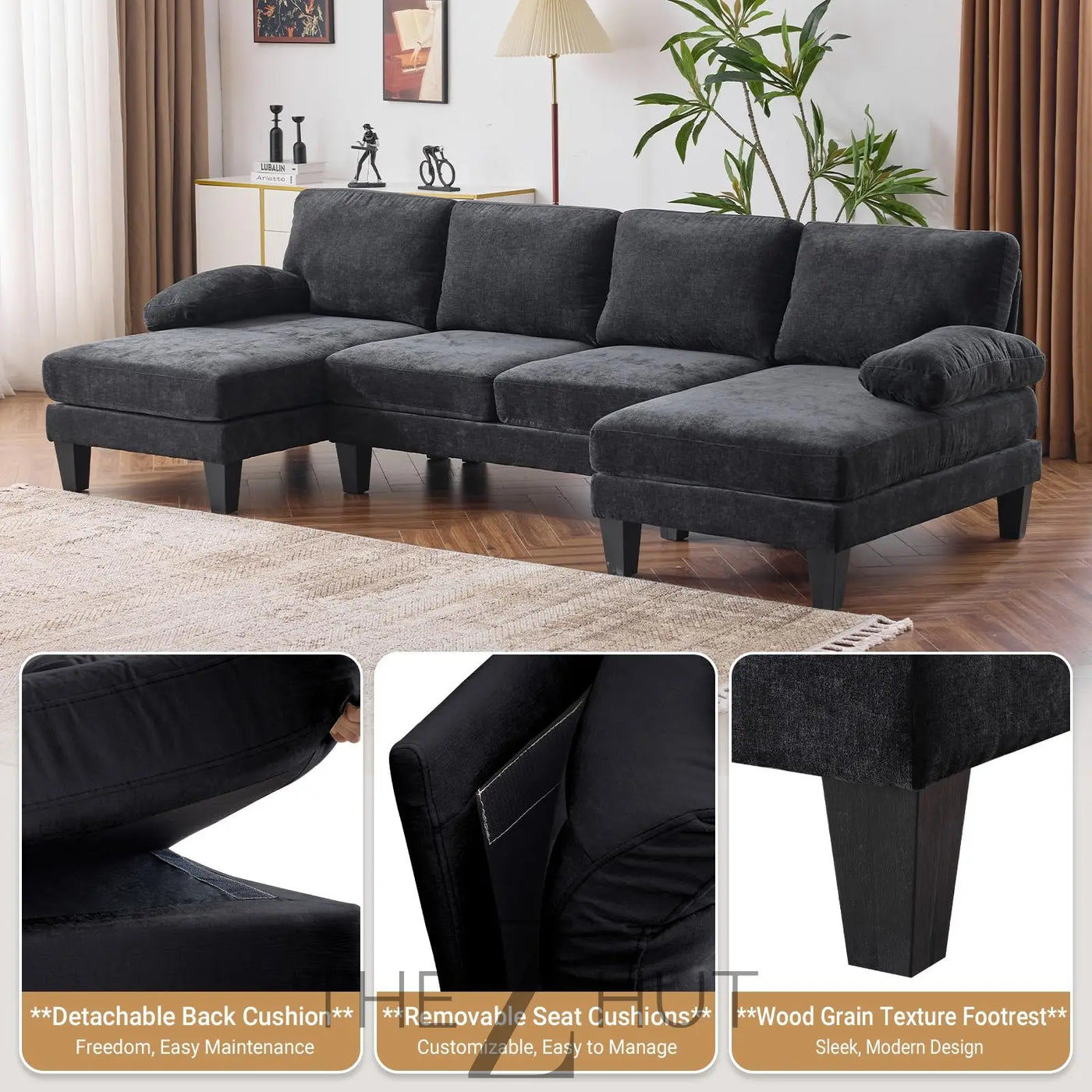 VINGLI 110" Sectional Couches for Living Room,U Shaped Couch with Double Chaise, 4-Seat Sofa Set with Chenille Fabric for Home Furniture,Beige THE Z HUT