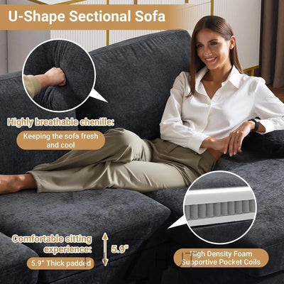 VINGLI 110" Sectional Couches for Living Room,U Shaped Couch with Double Chaise, 4-Seat Sofa Set with Chenille Fabric for Home Furniture,Beige THE Z HUT