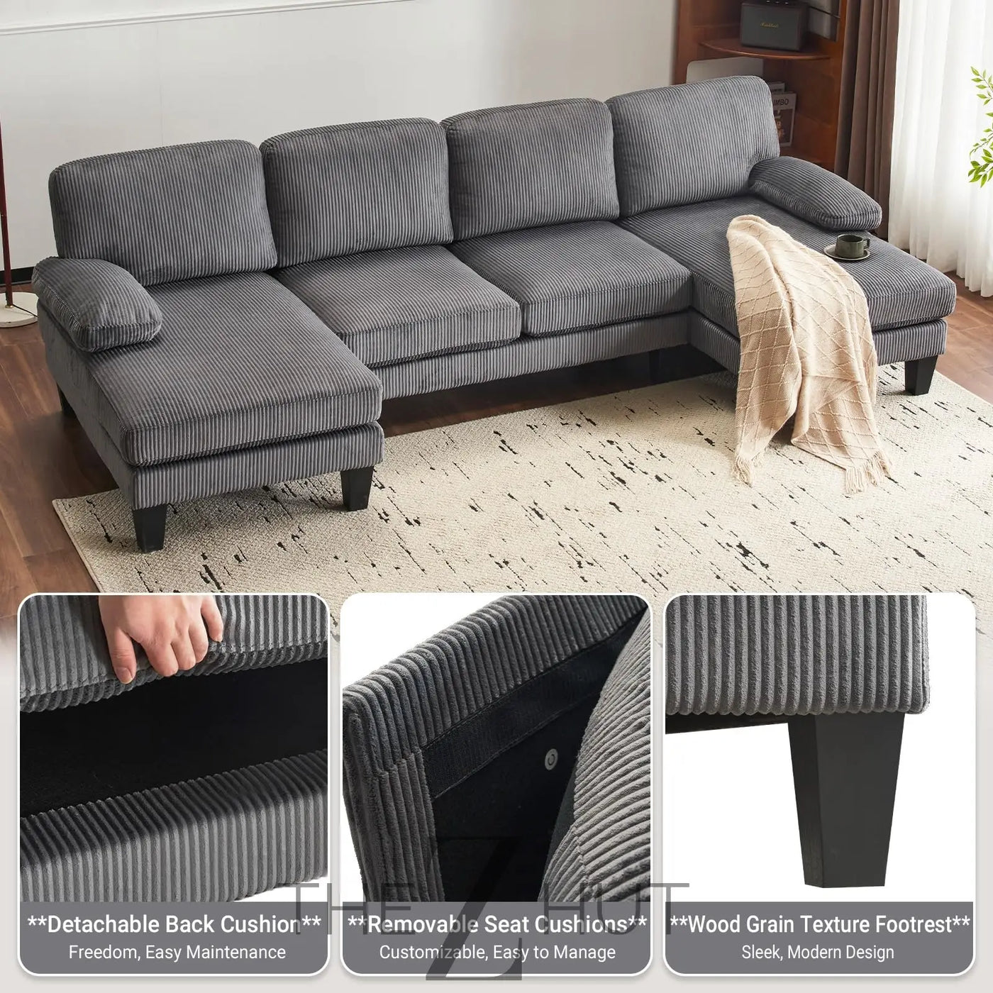 VINGLI 110" Sectional Couches for Living Room,U Shaped Couch with Double Chaise, 4-Seat Sofa Set with Chenille Fabric for Home Furniture,Beige THE Z HUT