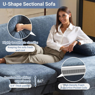 VINGLI 110" Sectional Couches for Living Room,U Shaped Couch with Double Chaise, 4-Seat Sofa Set with Chenille Fabric for Home Furniture,Beige THE Z HUT