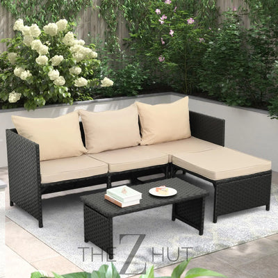 Valita 3-Piece Outdoor PE Rattan Furniture Set Patio Black Wicker Conversation Loveseat Sofa Sectional Couch Khaki Cushion THE Z HUT