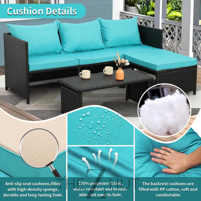 Valita 3-Piece Outdoor PE Rattan Furniture Set Patio Black Wicker Conversation Loveseat Sofa Sectional Couch Khaki Cushion THE Z HUT