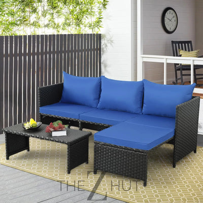 Valita 3-Piece Outdoor PE Rattan Furniture Set Patio Black Wicker Conversation Loveseat Sofa Sectional Couch Khaki Cushion THE Z HUT