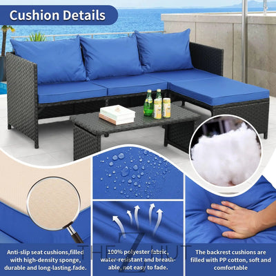 Valita 3-Piece Outdoor PE Rattan Furniture Set Patio Black Wicker Conversation Loveseat Sofa Sectional Couch Khaki Cushion THE Z HUT