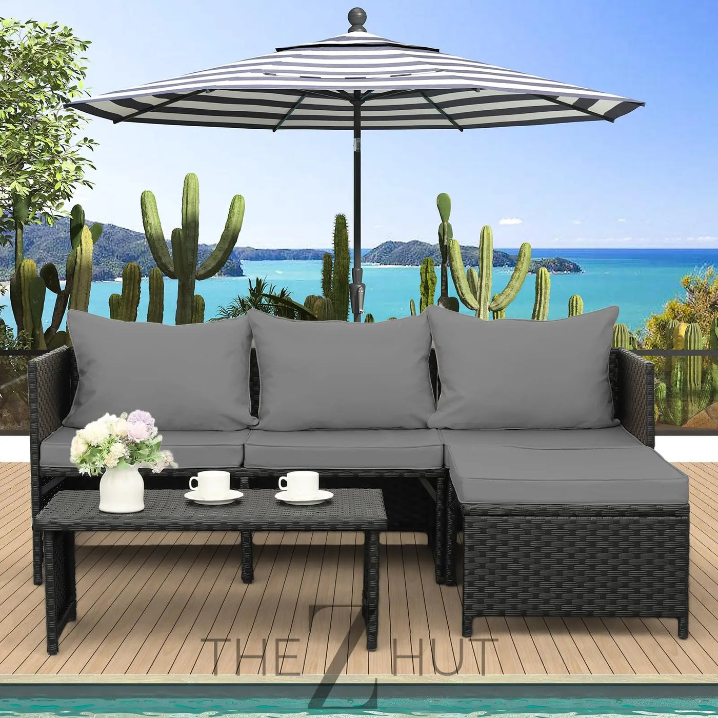 Valita 3-Piece Outdoor PE Rattan Furniture Set Patio Black Wicker Conversation Loveseat Sofa Sectional Couch Khaki Cushion THE Z HUT