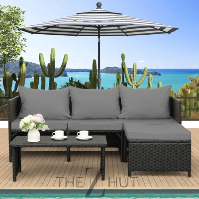 Valita 3-Piece Outdoor PE Rattan Furniture Set Patio Black Wicker Conversation Loveseat Sofa Sectional Couch Khaki Cushion THE Z HUT