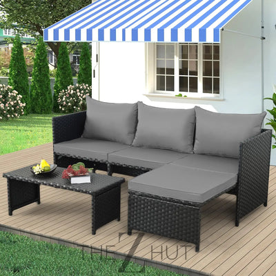 Valita 3-Piece Outdoor PE Rattan Furniture Set Patio Black Wicker Conversation Loveseat Sofa Sectional Couch Khaki Cushion THE Z HUT