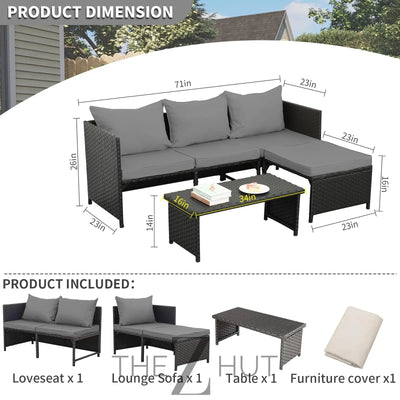 Valita 3-Piece Outdoor PE Rattan Furniture Set Patio Black Wicker Conversation Loveseat Sofa Sectional Couch Khaki Cushion THE Z HUT