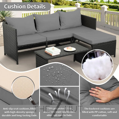 Valita 3-Piece Outdoor PE Rattan Furniture Set Patio Black Wicker Conversation Loveseat Sofa Sectional Couch Khaki Cushion THE Z HUT