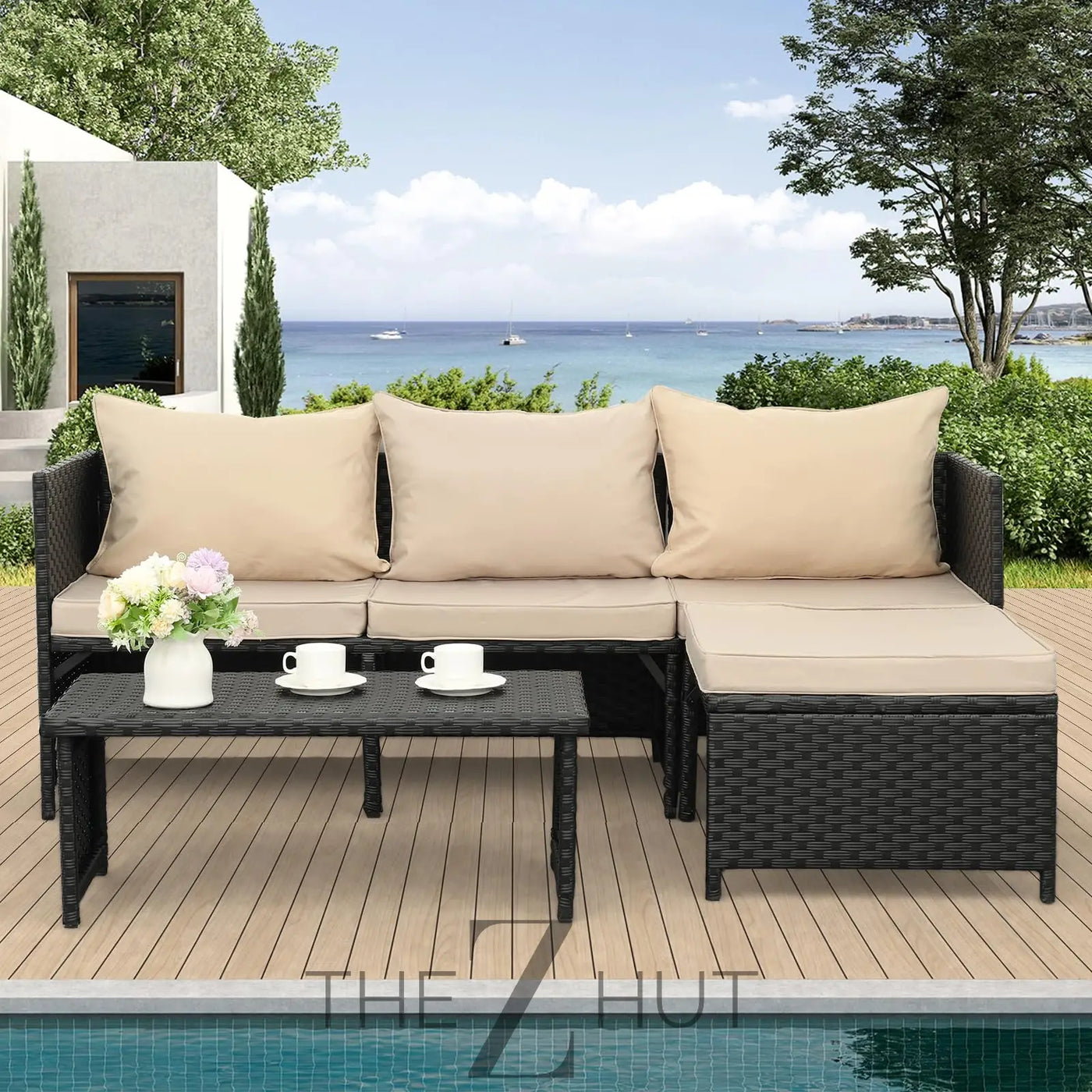 Valita 3-Piece Outdoor PE Rattan Furniture Set Patio Black Wicker Conversation Loveseat Sofa Sectional Couch Khaki Cushion THE Z HUT