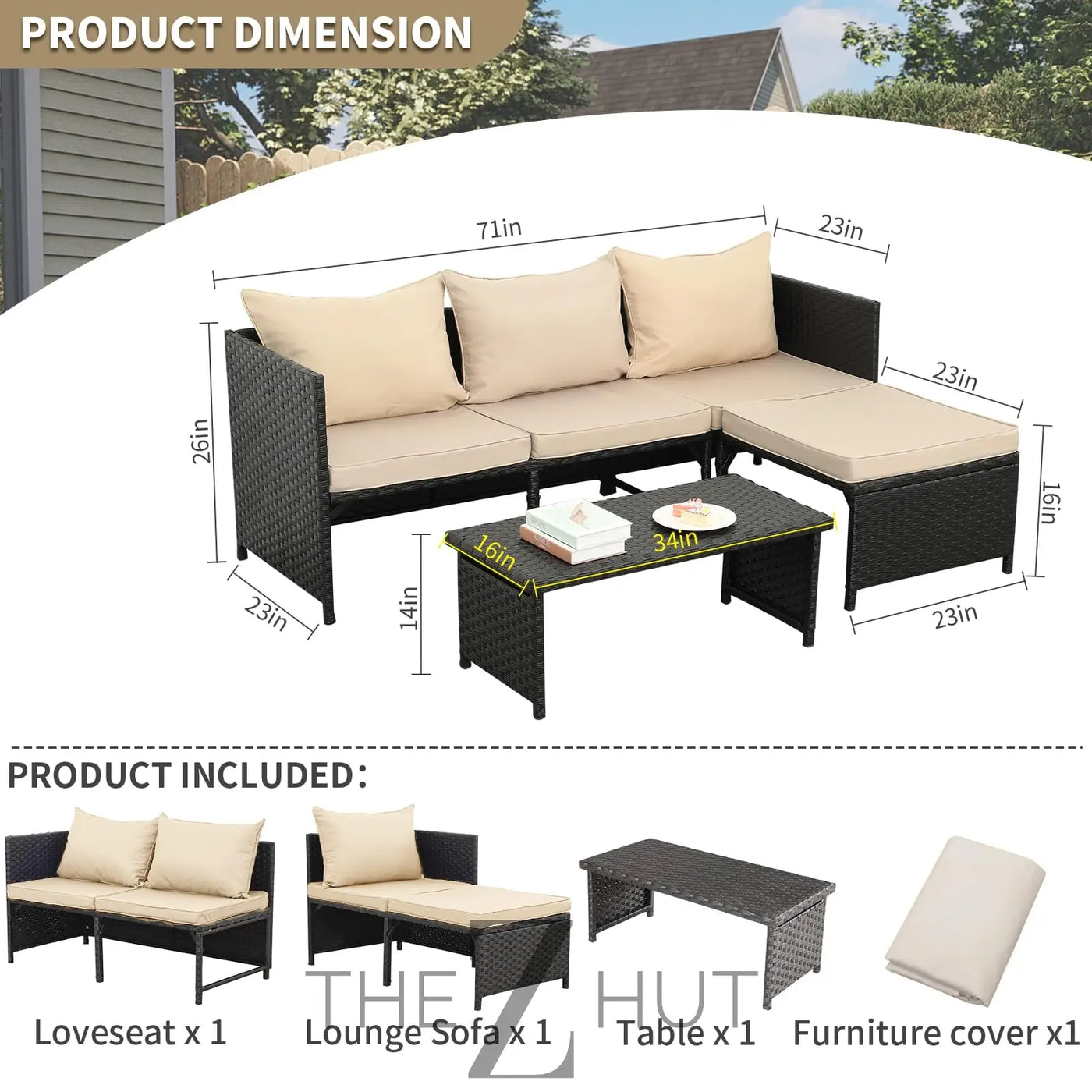 Valita 3-Piece Outdoor PE Rattan Furniture Set Patio Black Wicker Conversation Loveseat Sofa Sectional Couch Khaki Cushion THE Z HUT
