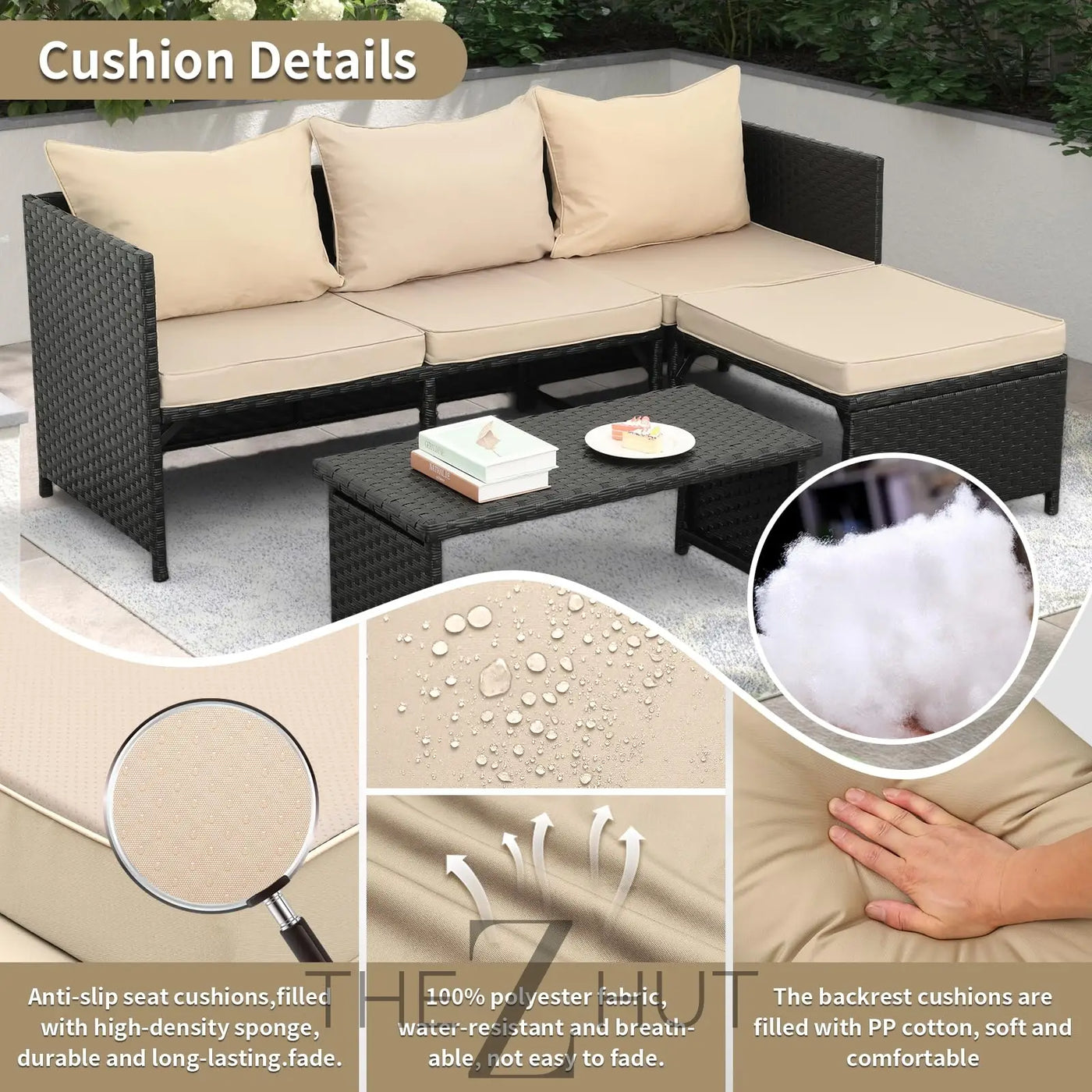 Valita 3-Piece Outdoor PE Rattan Furniture Set Patio Black Wicker Conversation Loveseat Sofa Sectional Couch Khaki Cushion THE Z HUT
