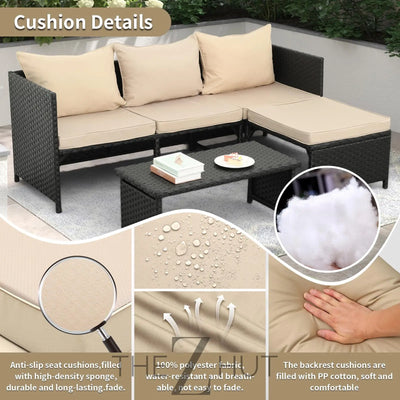 Valita 3-Piece Outdoor PE Rattan Furniture Set Patio Black Wicker Conversation Loveseat Sofa Sectional Couch Khaki Cushion THE Z HUT