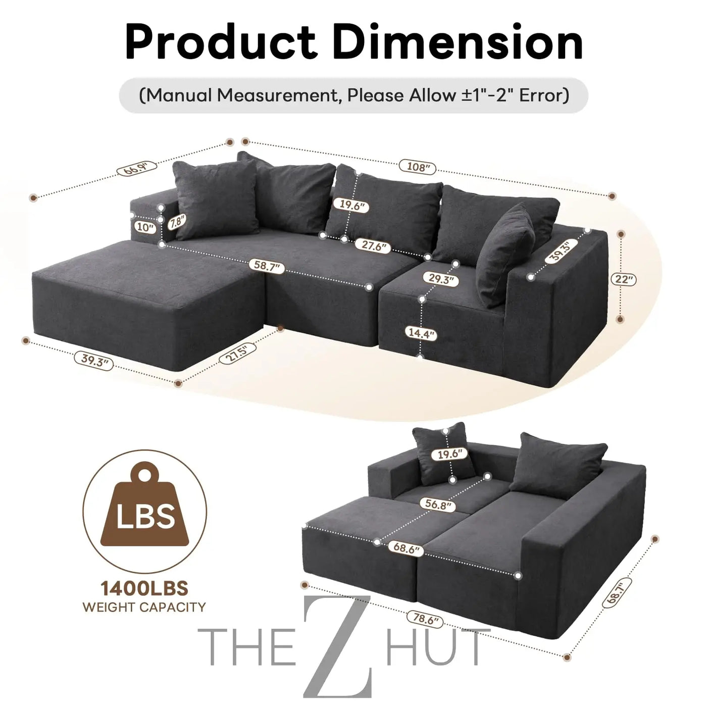 Vamcheer Modular Sectional Sofa with Chaise, Modern L Shaped Cloud Couch with Deep Seat, Sectional Couches for Living Room, Bedroom, Office, No Assembly Required, Ink Black THE Z HUT