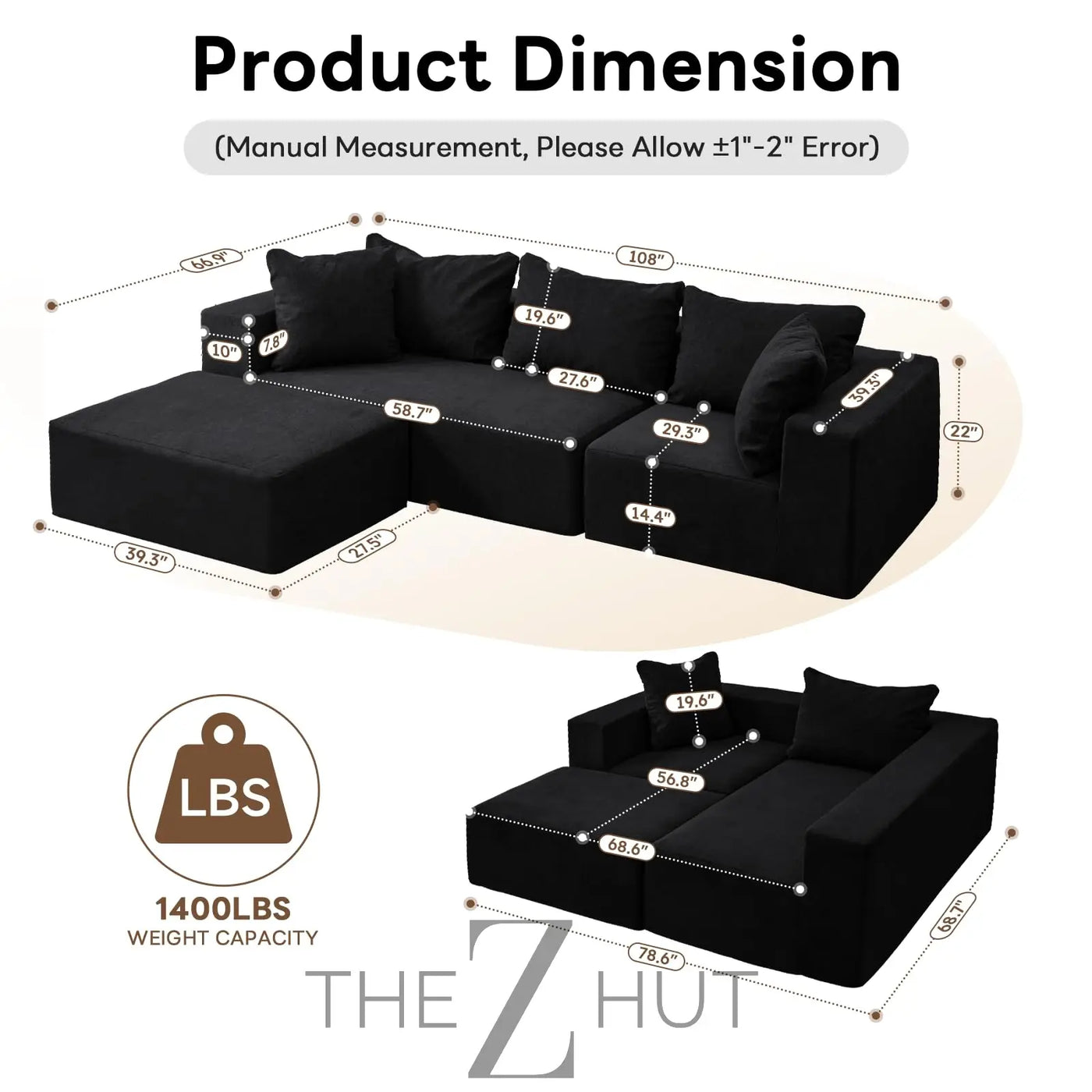 Vamcheer Modular Sectional Sofa with Chaise, Modern L Shaped Cloud Couch with Deep Seat, Sectional Couches for Living Room, Bedroom, Office, No Assembly Required, Ink Black THE Z HUT