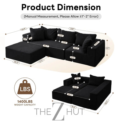 Vamcheer Modular Sectional Sofa with Chaise, Modern L Shaped Cloud Couch with Deep Seat, Sectional Couches for Living Room, Bedroom, Office, No Assembly Required, Ink Black THE Z HUT