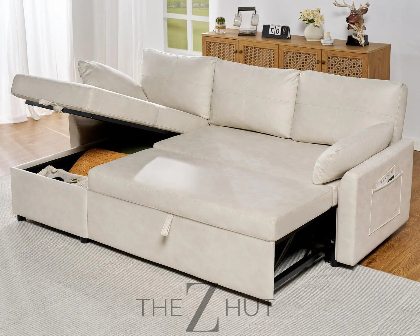 VanAcc Sleeper Sofa, Sofa Bed- 2 in 1 Pull Out Couch Bed with Storage Chaise for Living Room, White Sherpa Couch THE Z HUT
