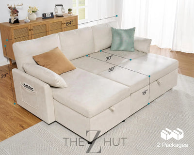 VanAcc Sleeper Sofa, Sofa Bed- 2 in 1 Pull Out Couch Bed with Storage Chaise for Living Room, White Sherpa Couch THE Z HUT