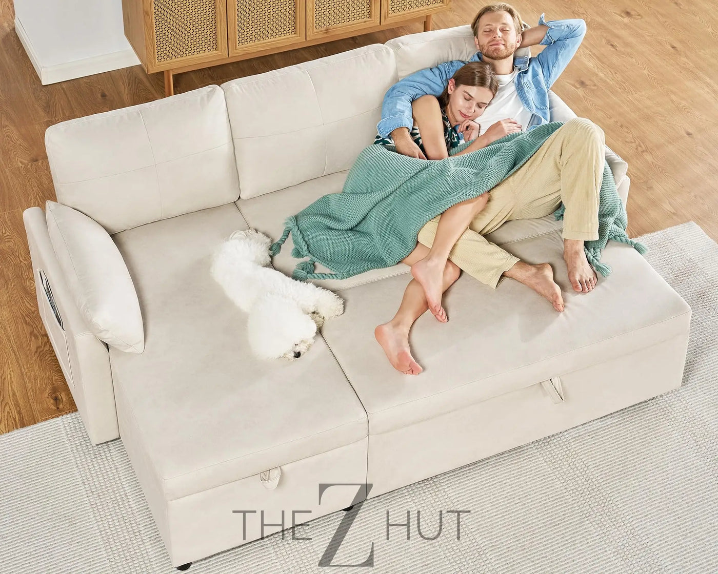 VanAcc Sleeper Sofa, Sofa Bed- 2 in 1 Pull Out Couch Bed with Storage Chaise for Living Room, White Sherpa Couch THE Z HUT