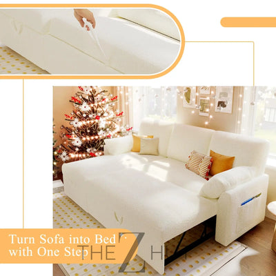 VanAcc Sleeper Sofa, Sofa Bed- 2 in 1 Pull Out Couch Bed with Storage Chaise for Living Room, White Sherpa Couch THE Z HUT