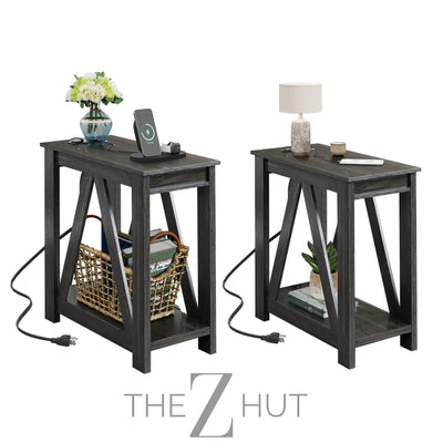 WLIVE End Tables Living Room Set of 2 with Charging Station, Sofa Side Tables with Open Storage Shelf, Slim Farmhouse End Table Sets, Greige THE Z HUT