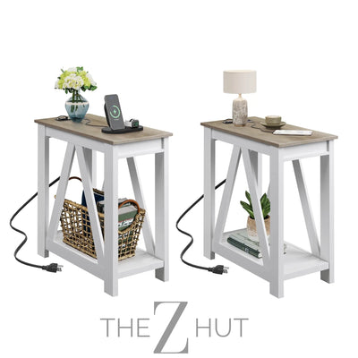 WLIVE End Tables Living Room Set of 2 with Charging Station, Sofa Side Tables with Open Storage Shelf, Slim Farmhouse End Table Sets, Greige THE Z HUT