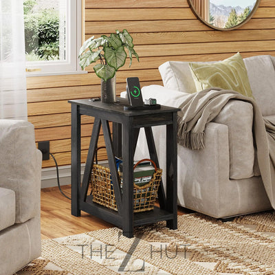 WLIVE End Tables Living Room Set of 2 with Charging Station, Sofa Side Tables with Open Storage Shelf, Slim Farmhouse End Table Sets, Greige THE Z HUT