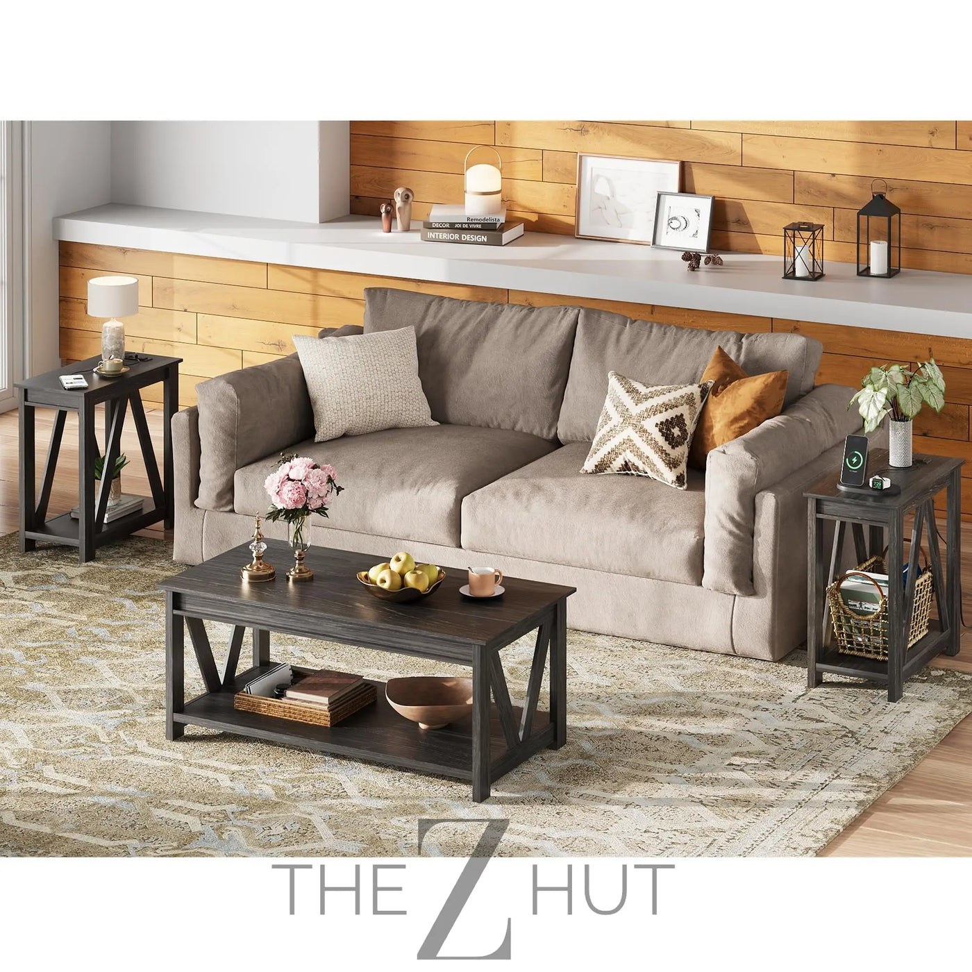 WLIVE End Tables Living Room Set of 2 with Charging Station, Sofa Side Tables with Open Storage Shelf, Slim Farmhouse End Table Sets, Greige THE Z HUT