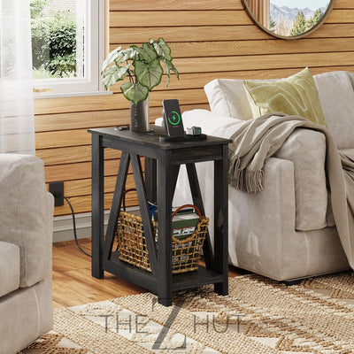 WLIVE End Tables Living Room Set of 2 with Charging Station, Sofa Side Tables with Open Storage Shelf, Slim Farmhouse End Table Sets, Greige THE Z HUT