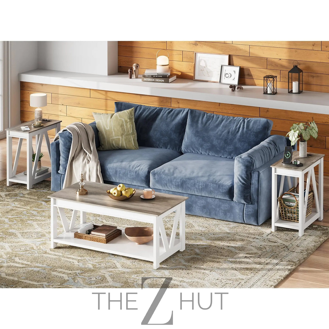 WLIVE End Tables Living Room Set of 2 with Charging Station, Sofa Side Tables with Open Storage Shelf, Slim Farmhouse End Table Sets, Greige THE Z HUT