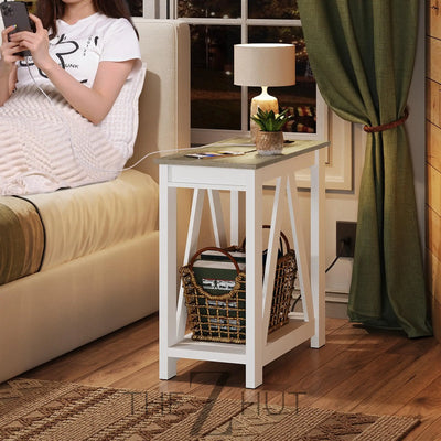 WLIVE End Tables Living Room Set of 2 with Charging Station, Sofa Side Tables with Open Storage Shelf, Slim Farmhouse End Table Sets, Greige THE Z HUT