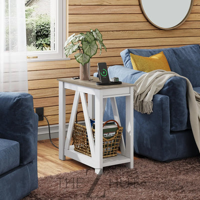 WLIVE End Tables Living Room Set of 2 with Charging Station, Sofa Side Tables with Open Storage Shelf, Slim Farmhouse End Table Sets, Greige THE Z HUT