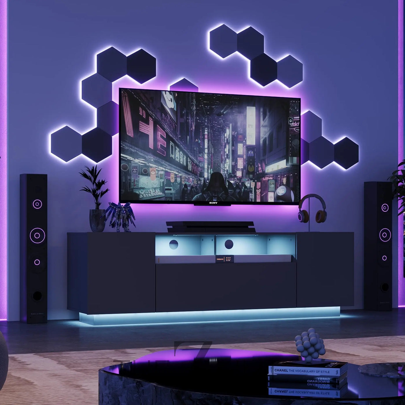 WLIVE TV Stand for 65 Inch TV, Modern Entertainment Center with LED, 58" TV Console with Storage Cabinet, TV Stands for Living Room, Black THE Z HUT