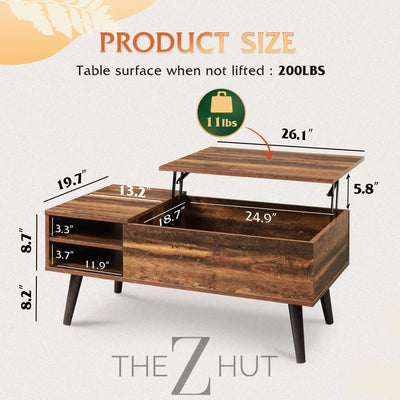 WLIVE Wood Lift Top Coffee Table with Hidden Compartment and Adjustable Storage Shelf, Lift Tabletop Dining Table for Home Living Room, Office, Rustic Oak THE Z HUT