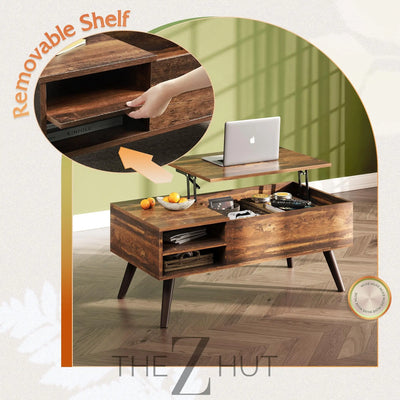 WLIVE Wood Lift Top Coffee Table with Hidden Compartment and Adjustable Storage Shelf, Lift Tabletop Dining Table for Home Living Room, Office, Rustic Oak THE Z HUT