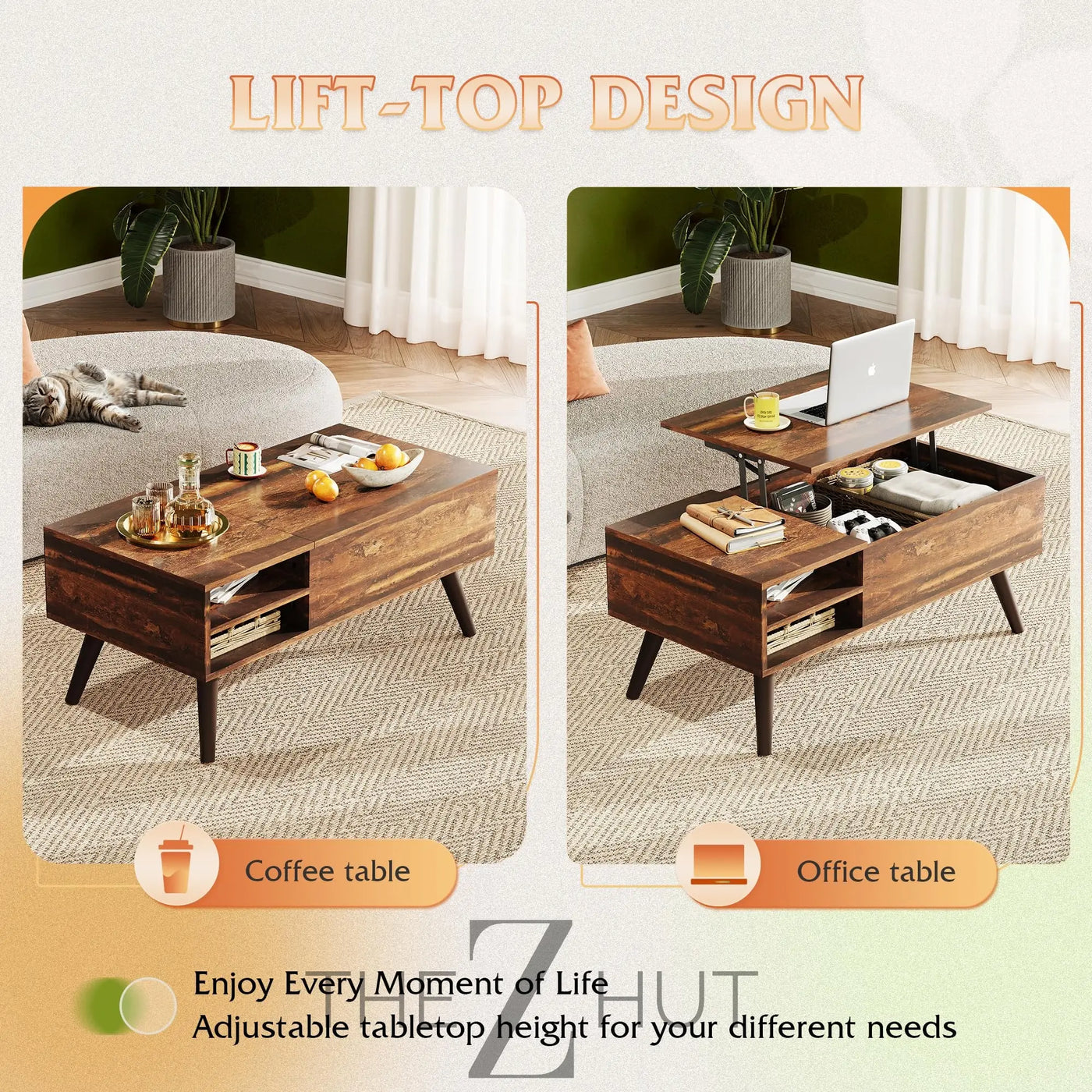 WLIVE Wood Lift Top Coffee Table with Hidden Compartment and Adjustable Storage Shelf, Lift Tabletop Dining Table for Home Living Room, Office, Rustic Oak THE Z HUT