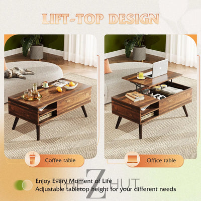 WLIVE Wood Lift Top Coffee Table with Hidden Compartment and Adjustable Storage Shelf, Lift Tabletop Dining Table for Home Living Room, Office, Rustic Oak THE Z HUT