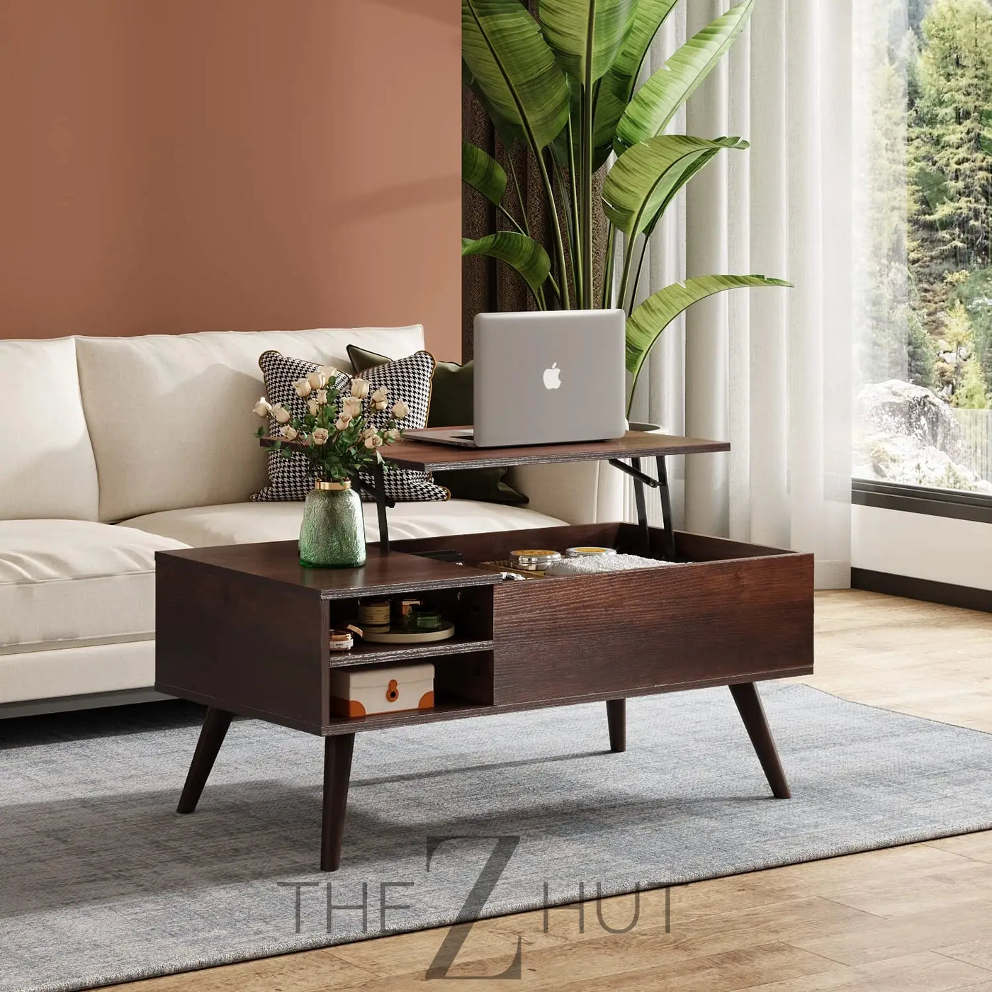 WLIVE Wood Lift Top Coffee Table with Hidden Compartment and Adjustable Storage Shelf, Lift Tabletop Dining Table for Home Living Room, Office, Rustic Oak THE Z HUT
