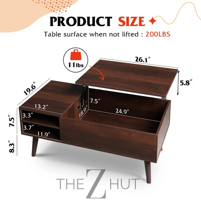 WLIVE Wood Lift Top Coffee Table with Hidden Compartment and Adjustable Storage Shelf, Lift Tabletop Dining Table for Home Living Room, Office, Rustic Oak THE Z HUT