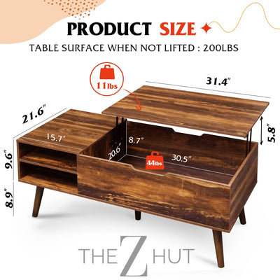 WLIVE Wood Lift Top Coffee Table with Hidden Compartment and Adjustable Storage Shelf, Lift Tabletop Dining Table for Home Living Room, Office, Rustic Oak THE Z HUT