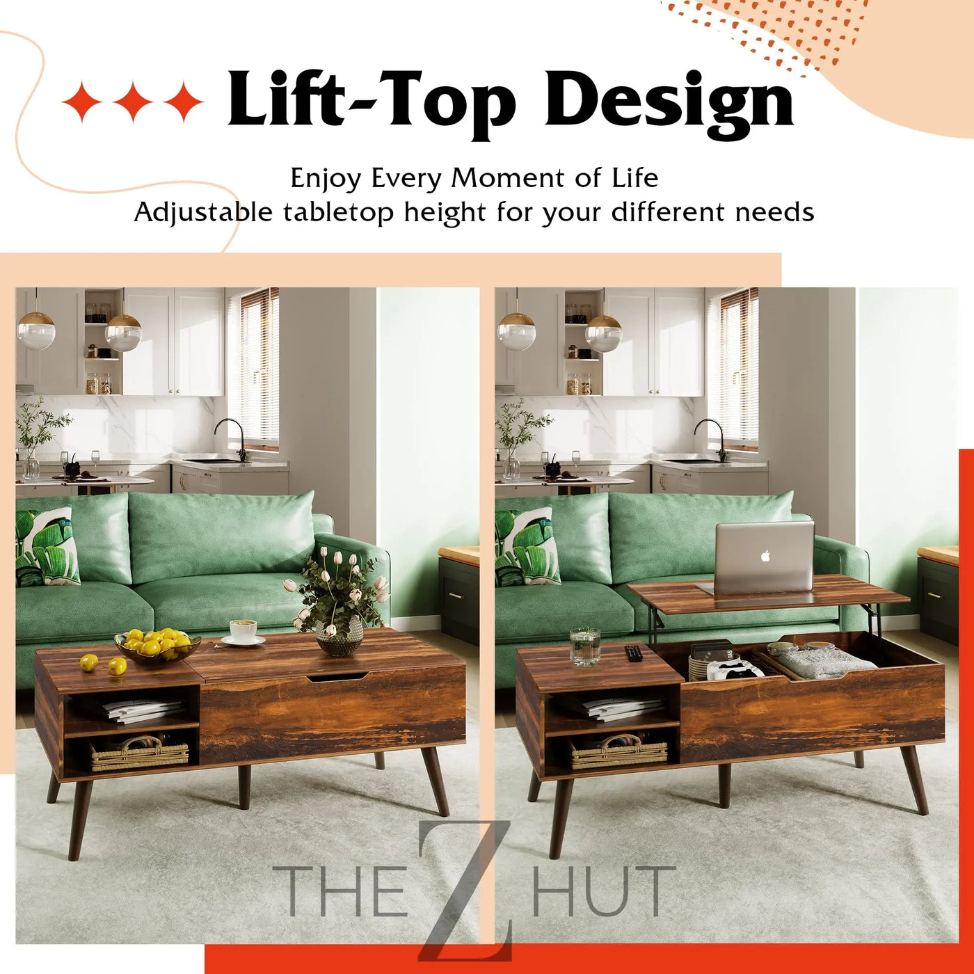 WLIVE Wood Lift Top Coffee Table with Hidden Compartment and Adjustable Storage Shelf, Lift Tabletop Dining Table for Home Living Room, Office, Rustic Oak THE Z HUT