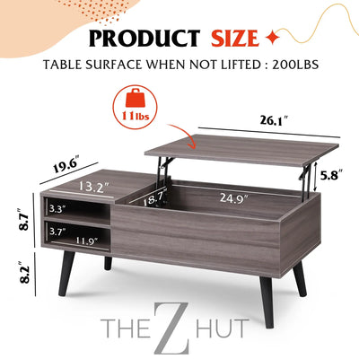 WLIVE Wood Lift Top Coffee Table with Hidden Compartment and Adjustable Storage Shelf, Lift Tabletop Dining Table for Home Living Room, Office, Rustic Oak THE Z HUT