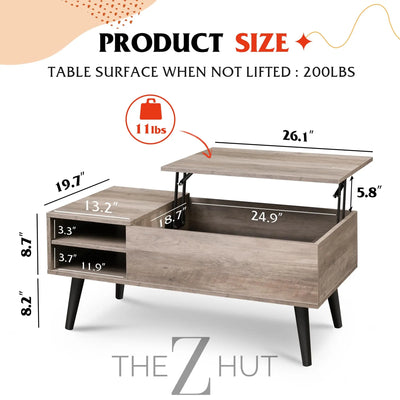 WLIVE Wood Lift Top Coffee Table with Hidden Compartment and Adjustable Storage Shelf, Lift Tabletop Dining Table for Home Living Room, Office, Rustic Oak THE Z HUT