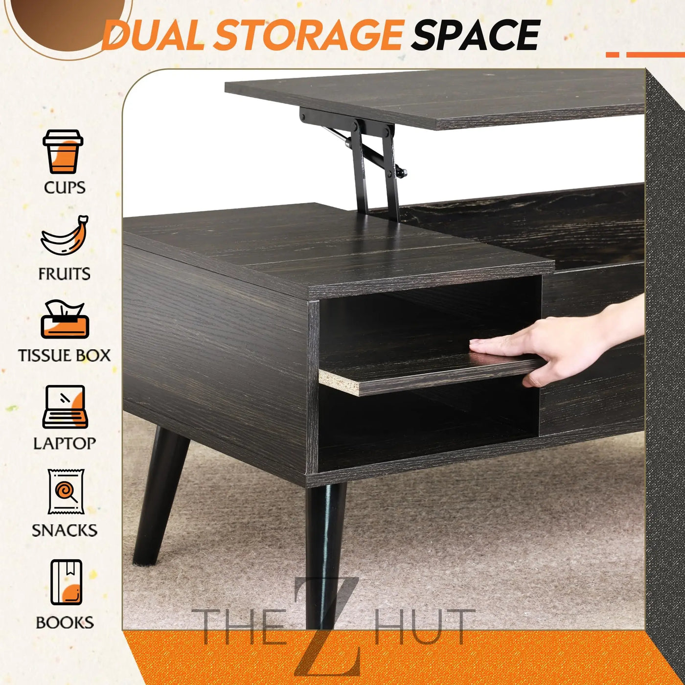 WLIVE Wood Lift Top Coffee Table with Hidden Compartment and Adjustable Storage Shelf, Lift Tabletop Dining Table for Home Living Room, Office, Rustic Oak THE Z HUT