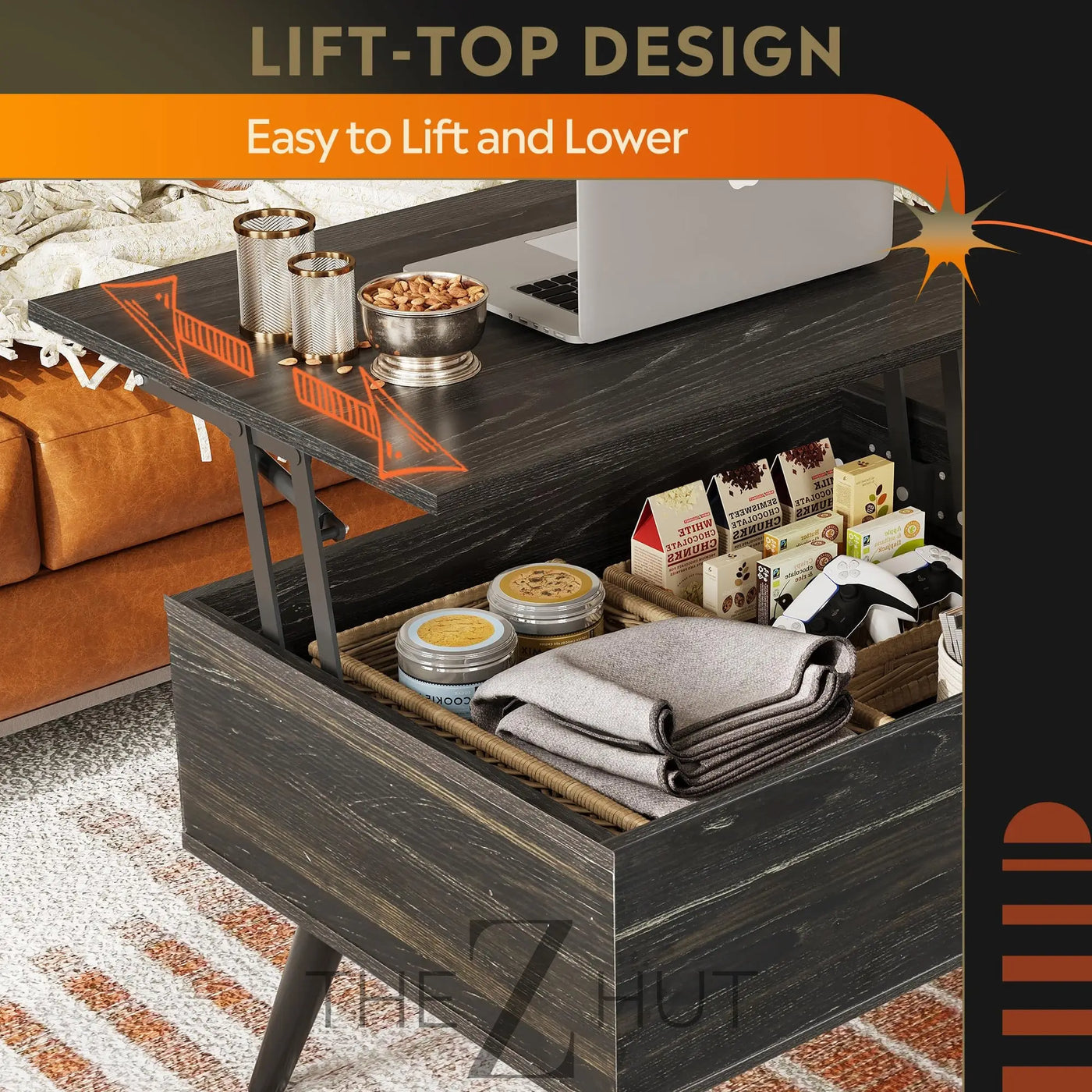 WLIVE Wood Lift Top Coffee Table with Hidden Compartment and Adjustable Storage Shelf, Lift Tabletop Dining Table for Home Living Room, Office, Rustic Oak THE Z HUT