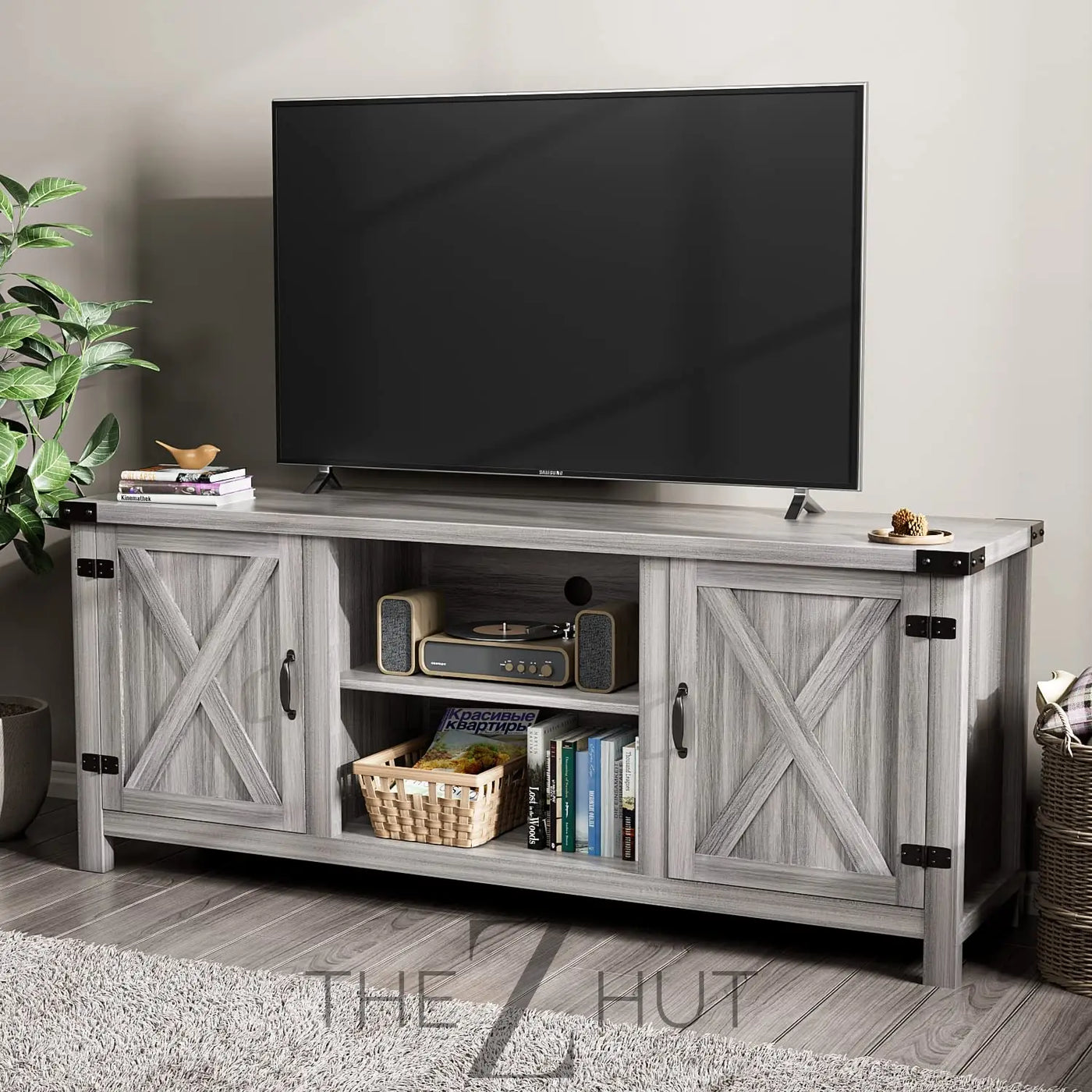 YESHOMY Modern Farmhouse TV Stand with Two Barn Doors and Storage Cabinets for Televisions up to 65+ Inch, Entertainment Center Console Table, Media Furniture for Living Room, 58 Inch, Gray Wash THE Z HUT